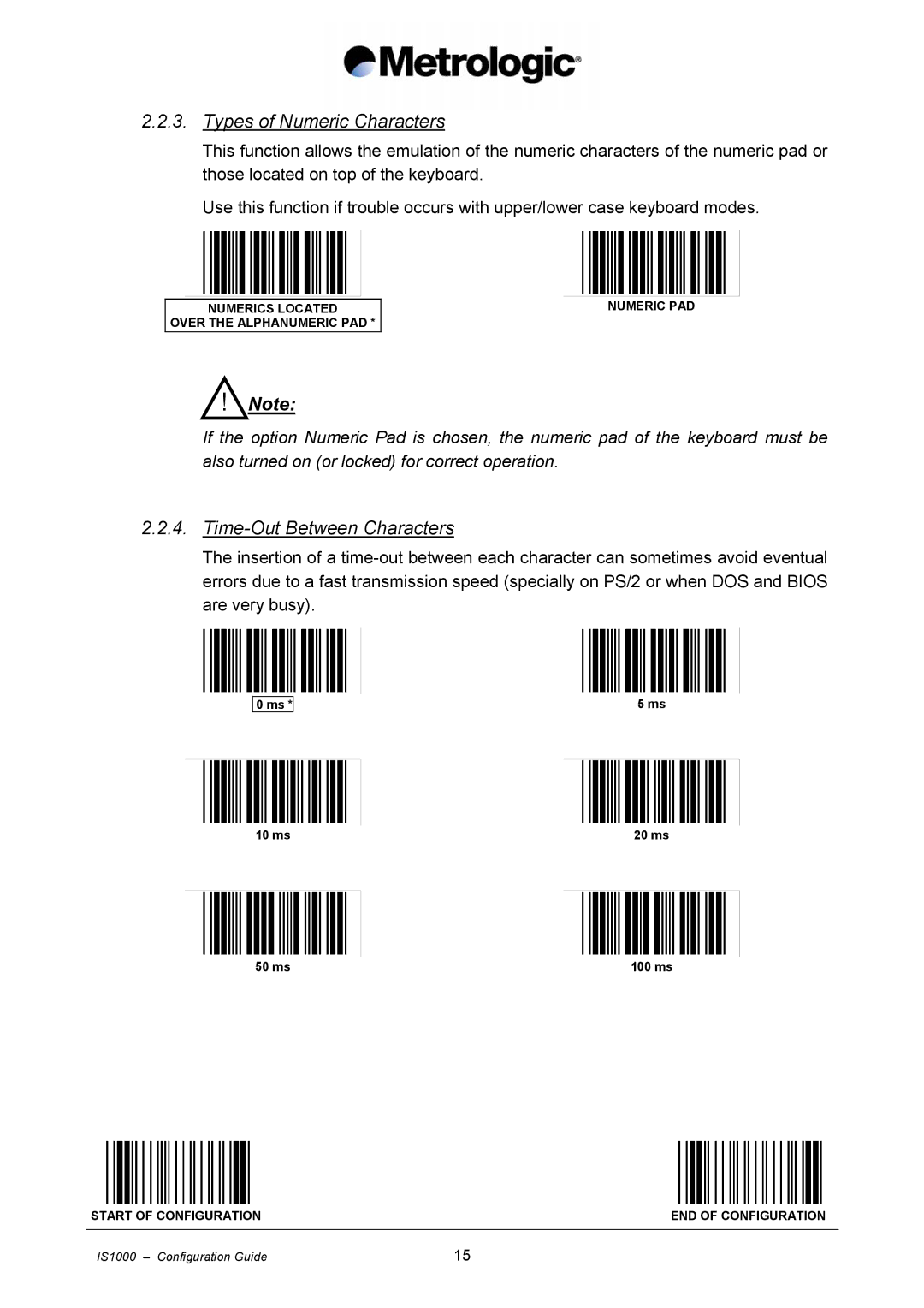 Metrologic Instruments IS1000 manual Types of Numeric Characters, Time-Out Between Characters 