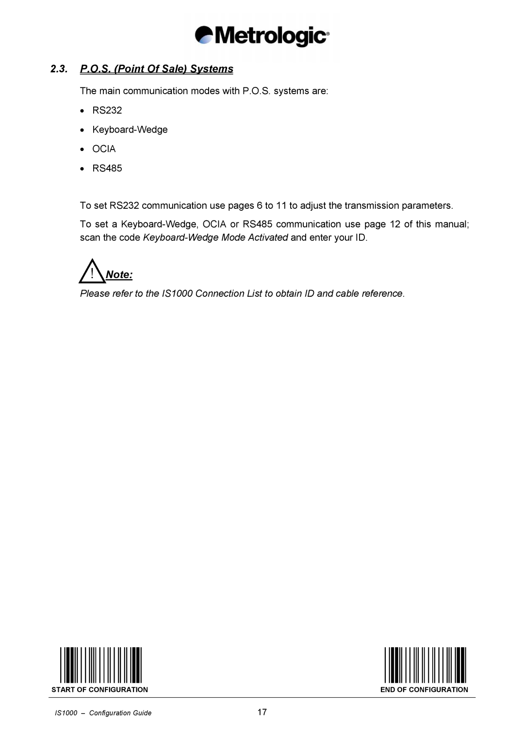 Metrologic Instruments IS1000 manual P.O.S. Point Of Sale Systems, Ocia 