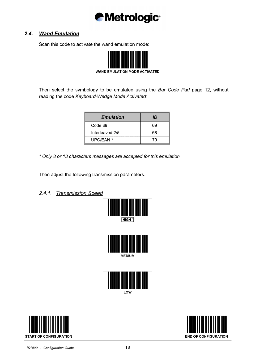 Metrologic Instruments IS1000 manual Wand Emulation, Transmission Speed 