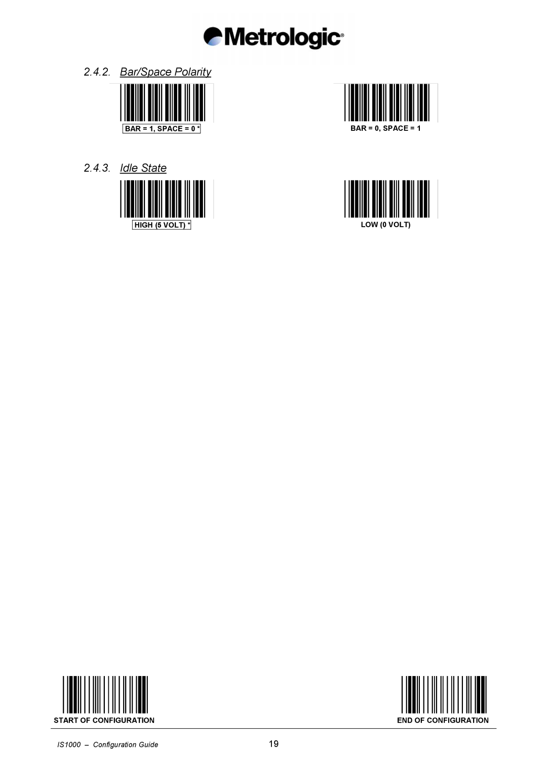 Metrologic Instruments IS1000 manual Bar/Space Polarity, Idle State 