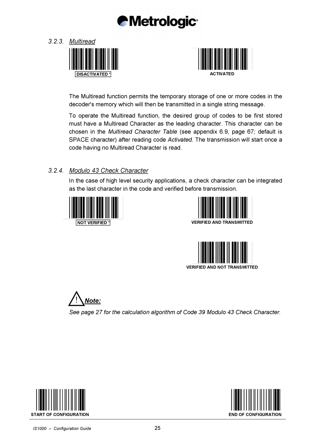 Metrologic Instruments IS1000 manual Multiread, Modulo 43 Check Character 