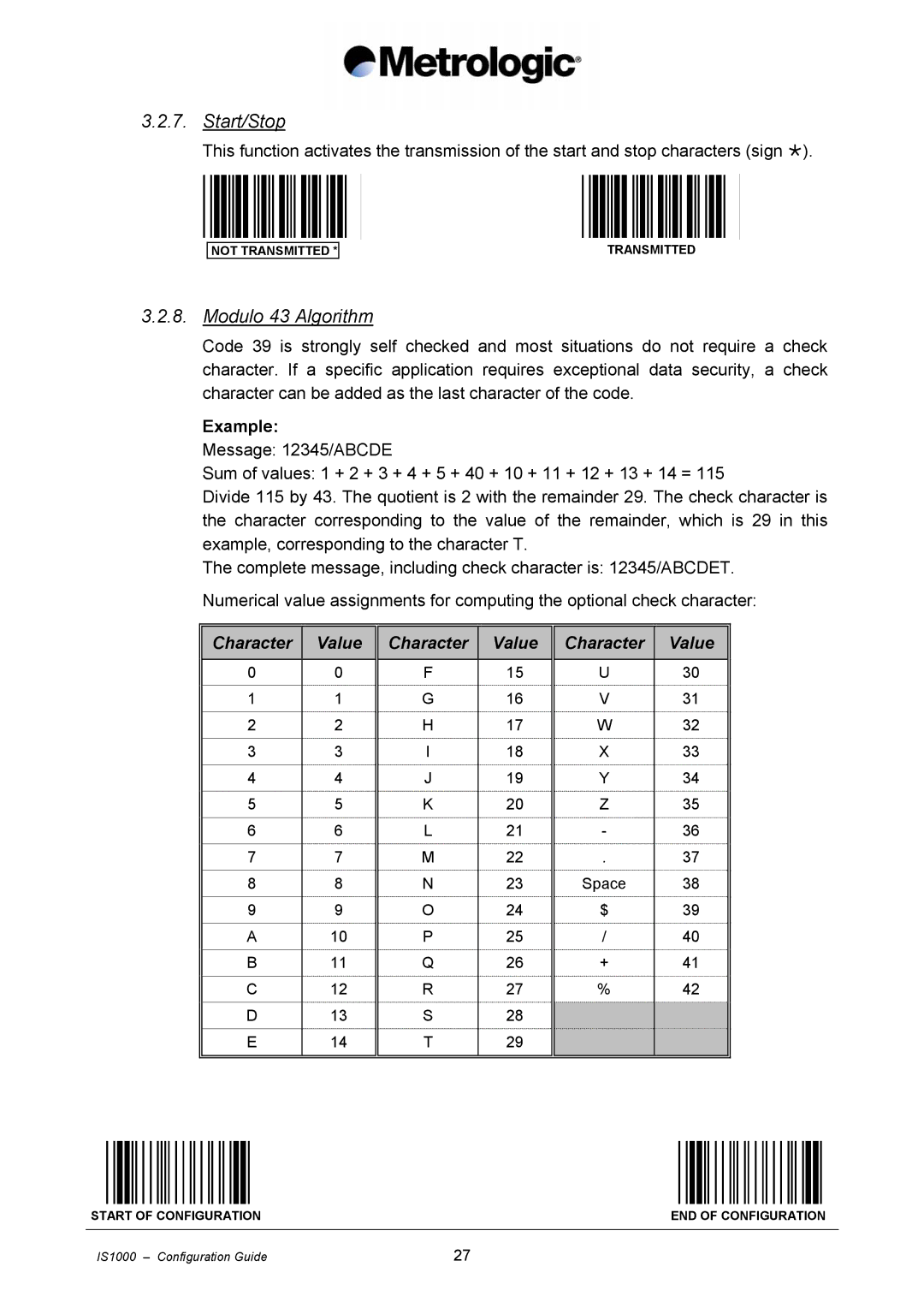 Metrologic Instruments IS1000 manual Start/Stop, Modulo 43 Algorithm 