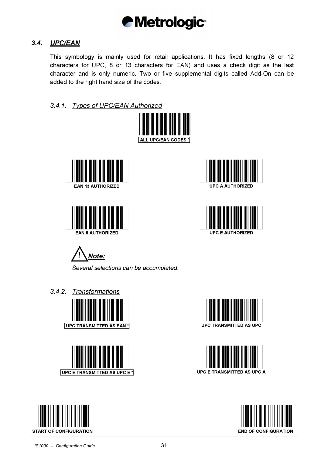 Metrologic Instruments IS1000 manual Upc/Ean, Types of UPC/EAN Authorized, Transformations 