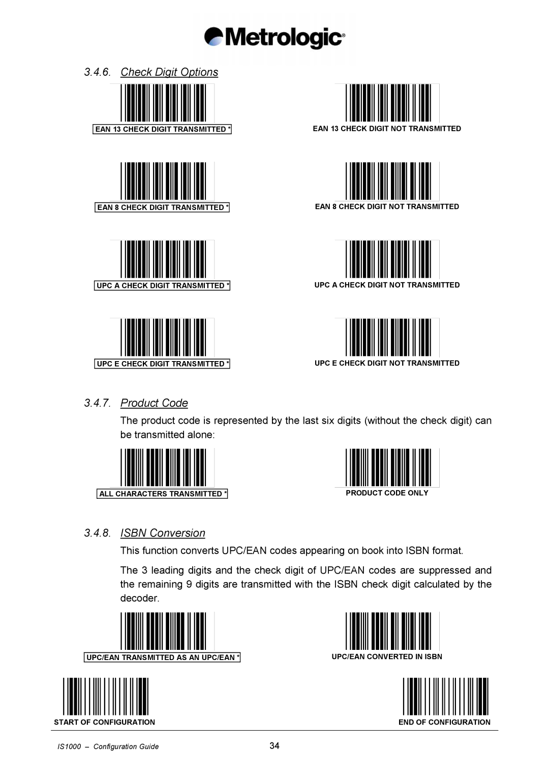 Metrologic Instruments IS1000 manual Check Digit Options, Product Code, Isbn Conversion 