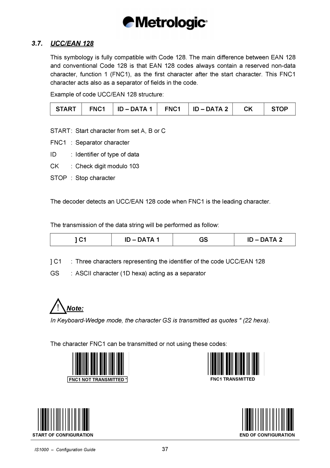 Metrologic Instruments IS1000 manual Ucc/Ean, Start FNC1 ID Data Stop 