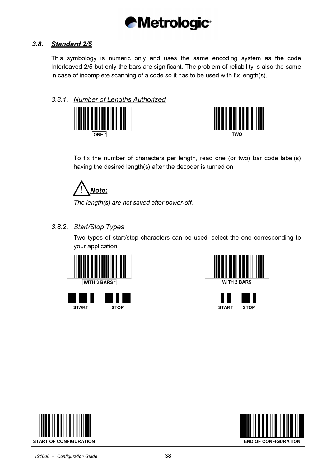 Metrologic Instruments IS1000 manual Standard 2/5, Number of Lengths Authorized, Start/Stop Types 