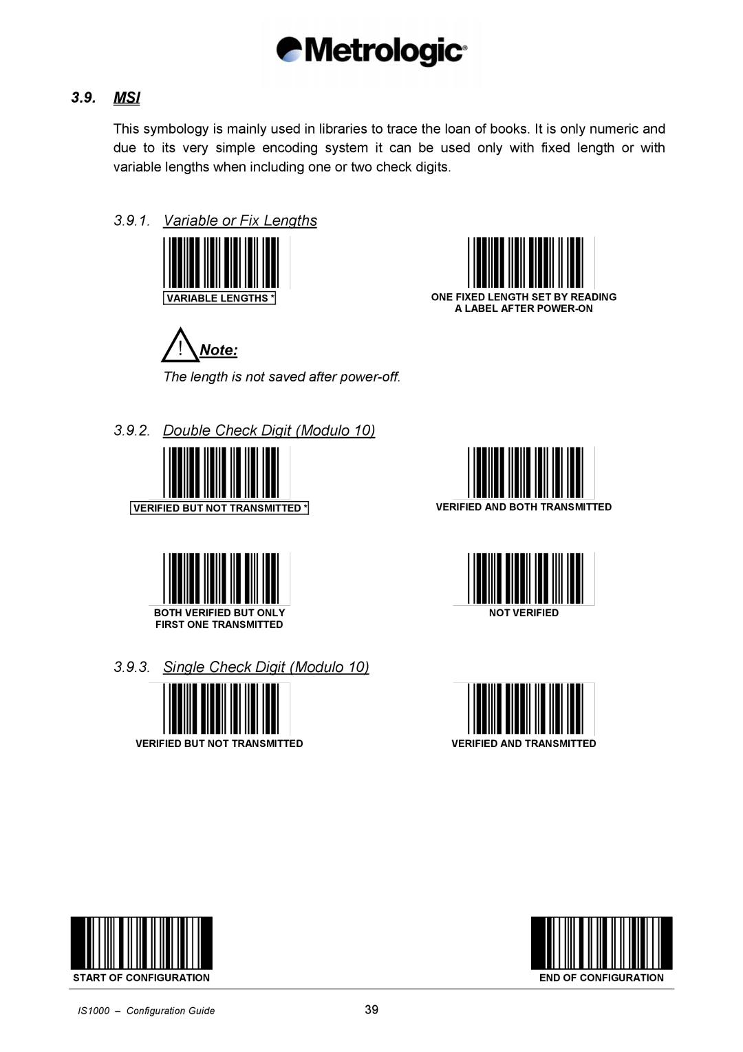 Metrologic Instruments IS1000 manual Msi, Variable or Fix Lengths, Double Check Digit Modulo, Single Check Digit Modulo 