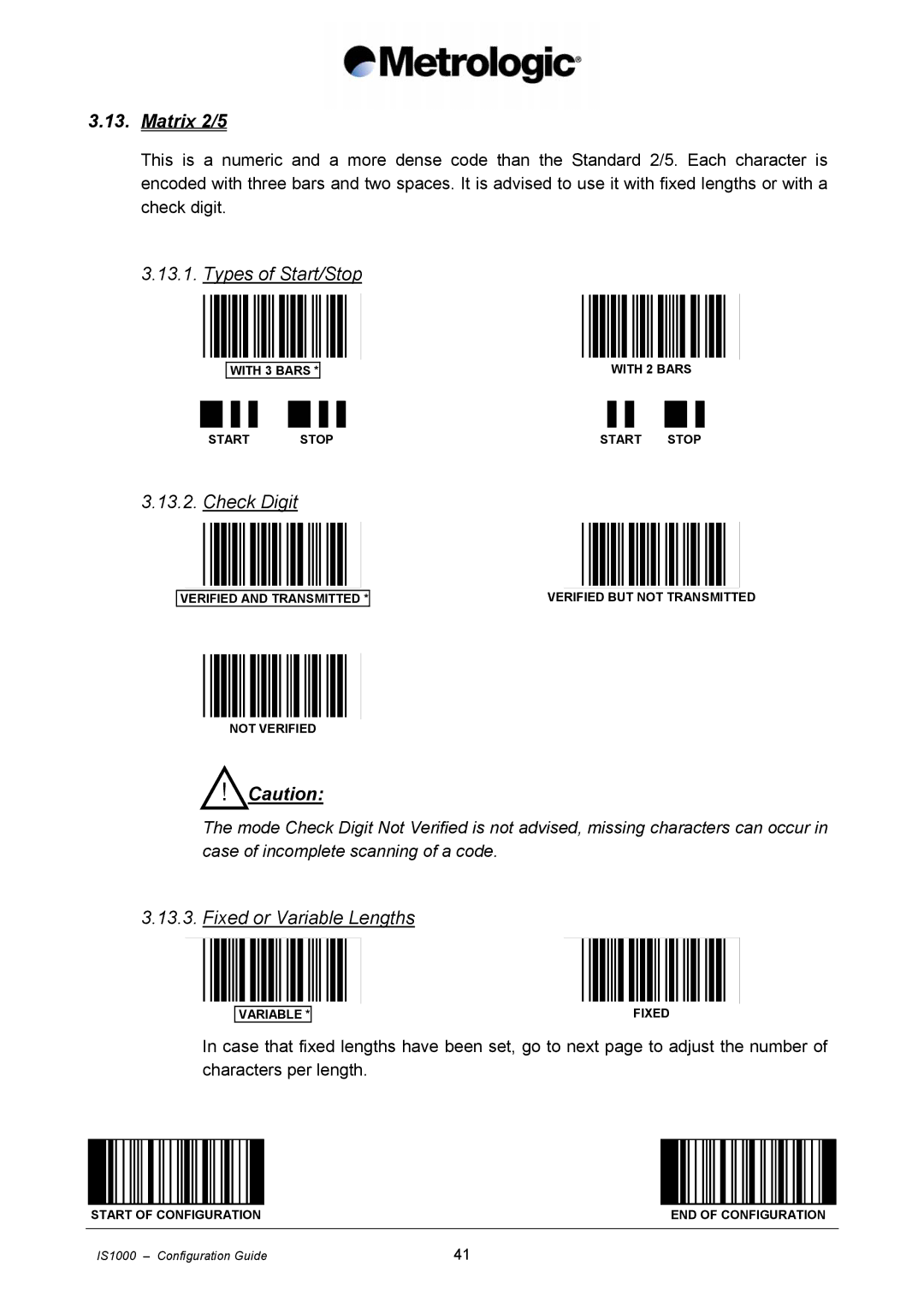 Metrologic Instruments IS1000 manual Matrix 2/5, Types of Start/Stop, Check Digit, Fixed or Variable Lengths 