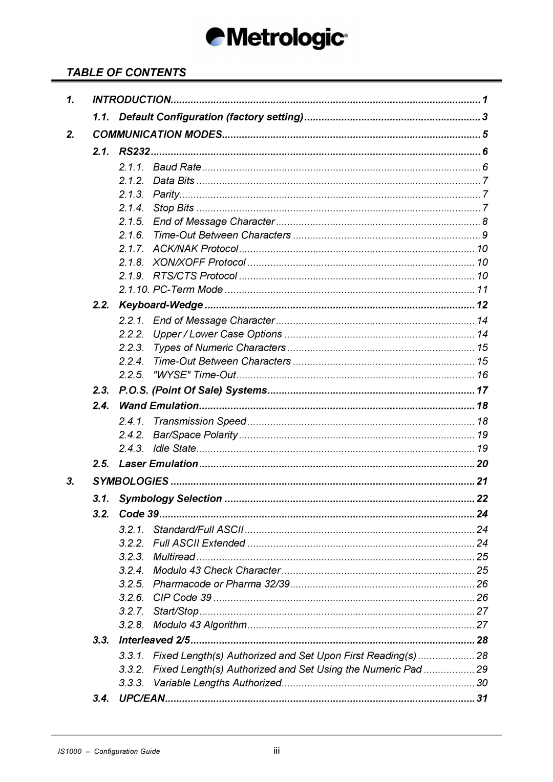 Metrologic Instruments IS1000 manual Table of Contents 