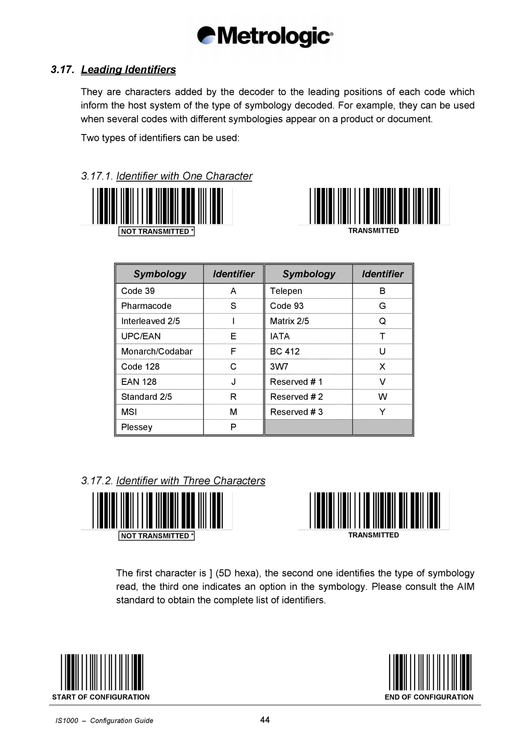 Metrologic Instruments IS1000 manual Leading Identifiers, Identifier with One Character, Identifier with Three Characters 