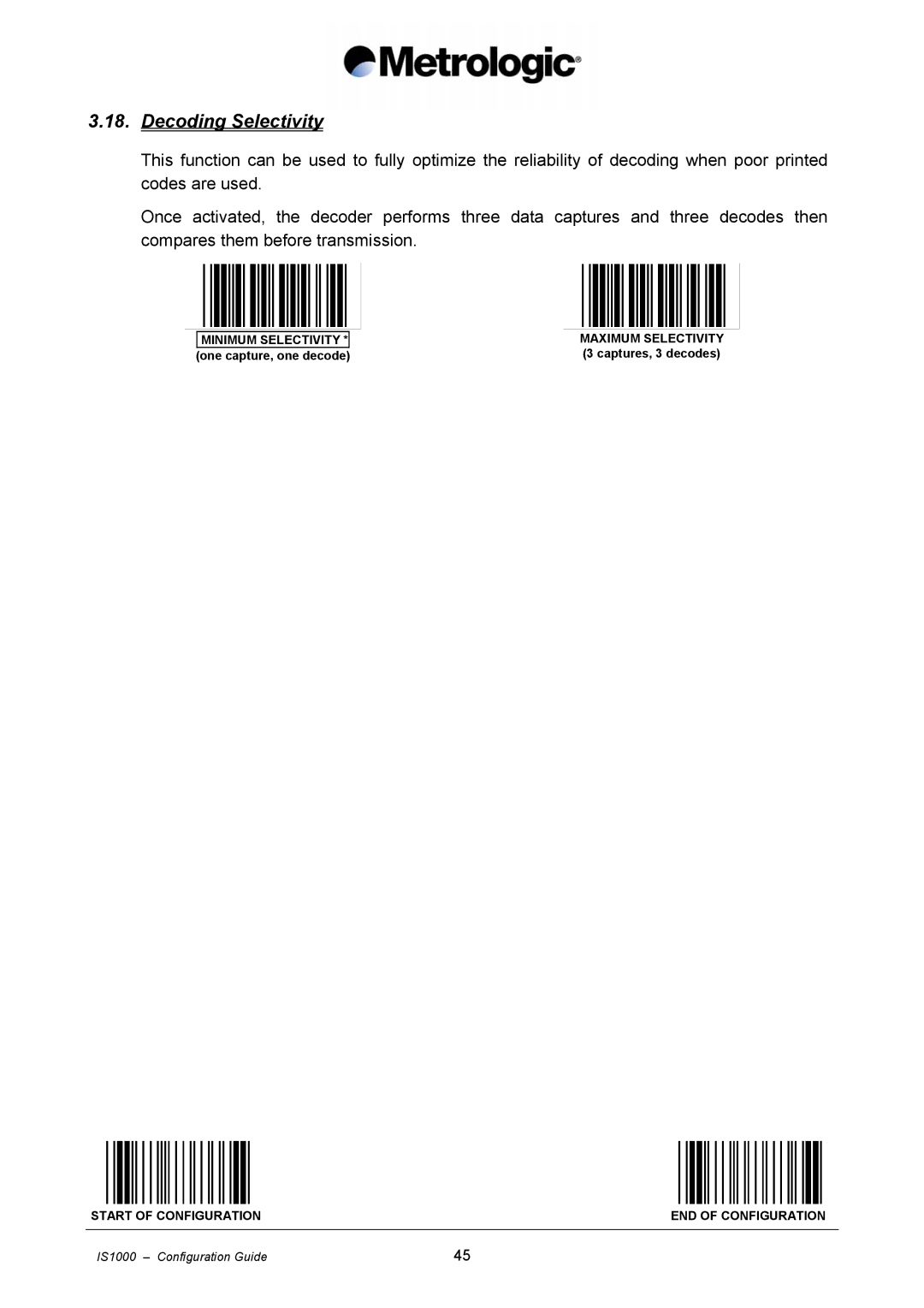 Metrologic Instruments IS1000 manual Decoding Selectivity 