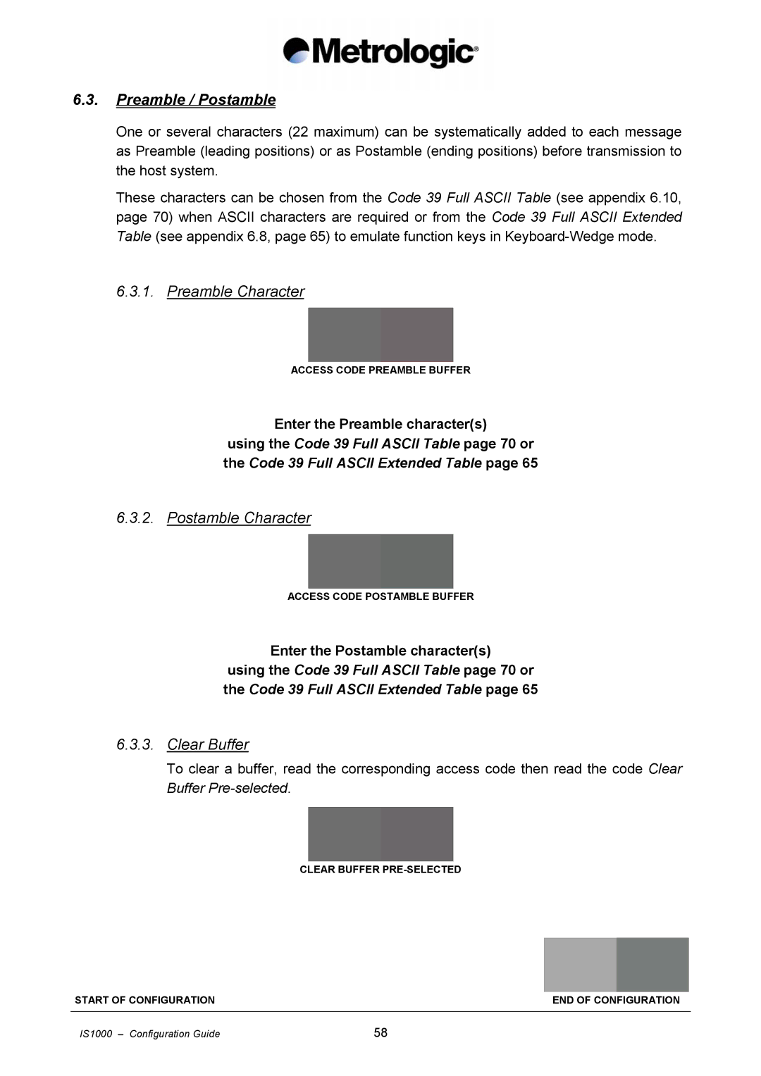 Metrologic Instruments IS1000 manual Preamble / Postamble, Preamble Character, Postamble Character, Clear Buffer 