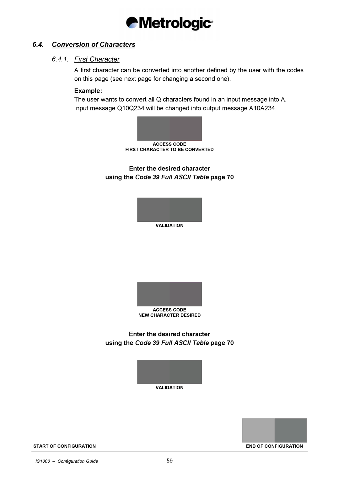 Metrologic Instruments IS1000 manual Conversion of Characters, First Character 