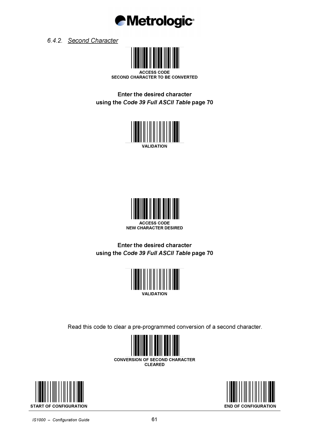 Metrologic Instruments IS1000 manual Second Character 