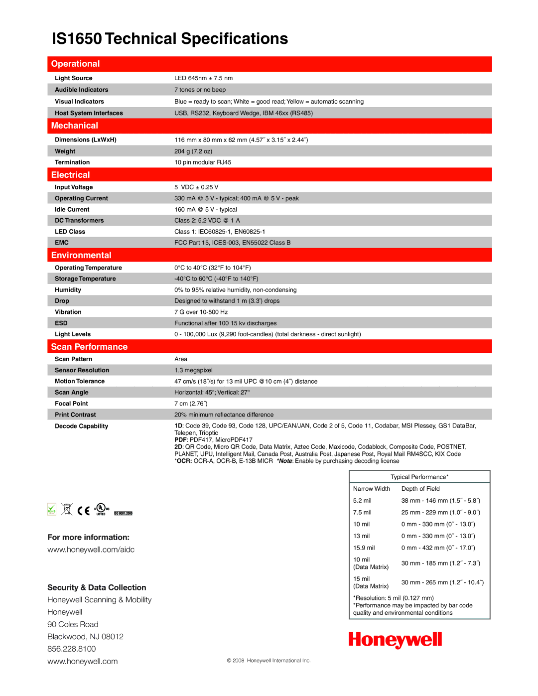 Metrologic Instruments IS1650 manual Operational, Mechanical, Electrical, Environmental, Scan Performance 