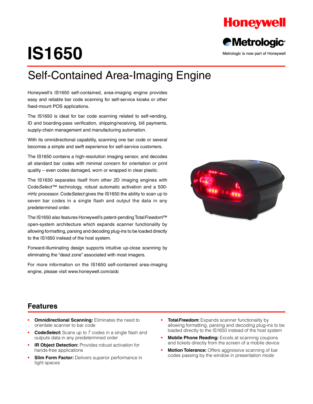 Metrologic Instruments IS1650 manual Self-Contained Area-Imaging Engine, Features 