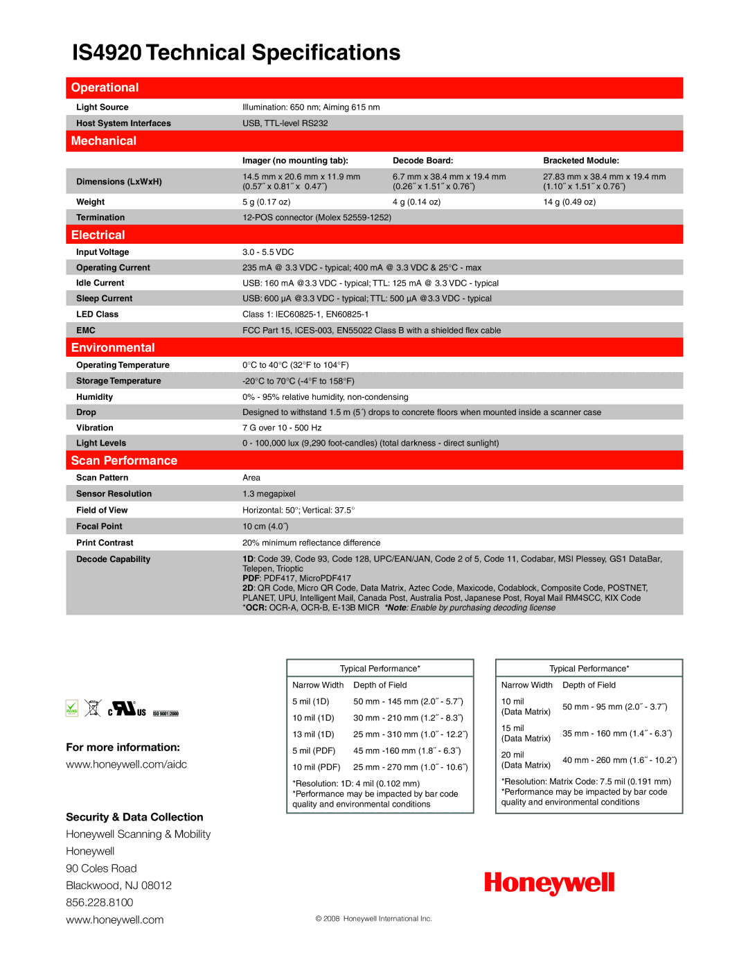 Metrologic Instruments IS4920 manual Operational, Mechanical, Electrical, Environmental, Scan Performance 