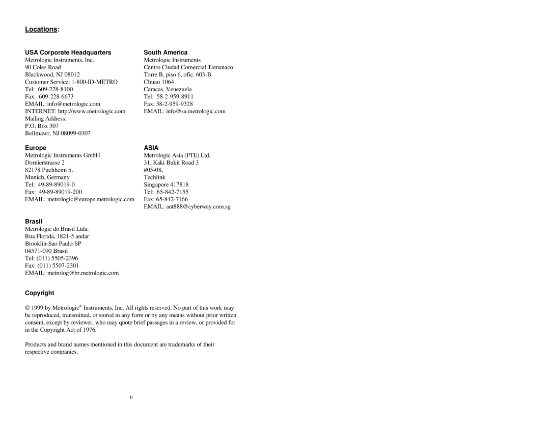 Metrologic Instruments MLPN 2159 manual Locations, USA Corporate Headquarters South America 