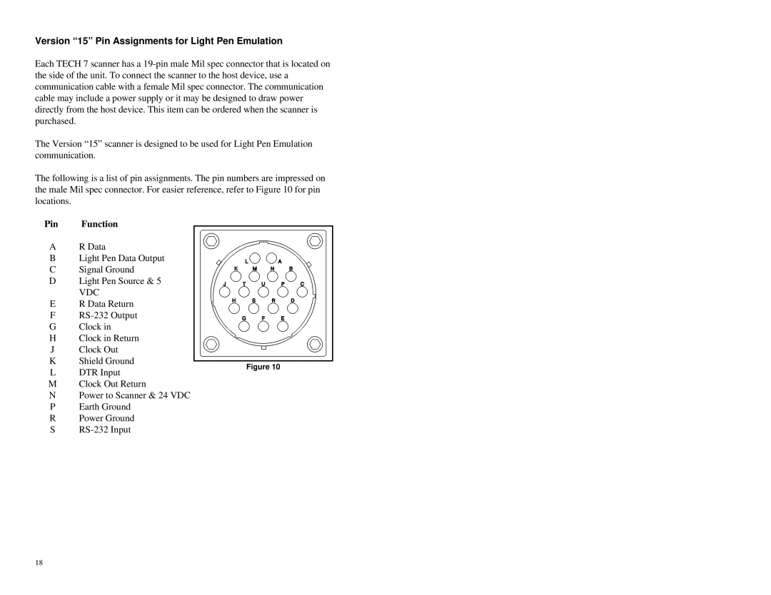 Metrologic Instruments MLPN 2159 manual Version 15 Pin Assignments for Light Pen Emulation, Vdc 