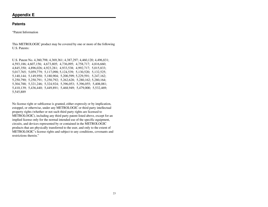 Metrologic Instruments MLPN 2159 manual Appendix E, Patents 