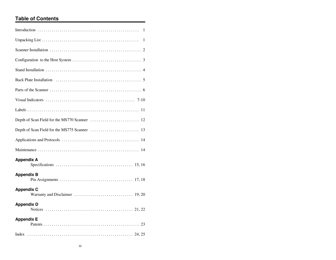 Metrologic Instruments MLPN 2159 manual Table of Contents 