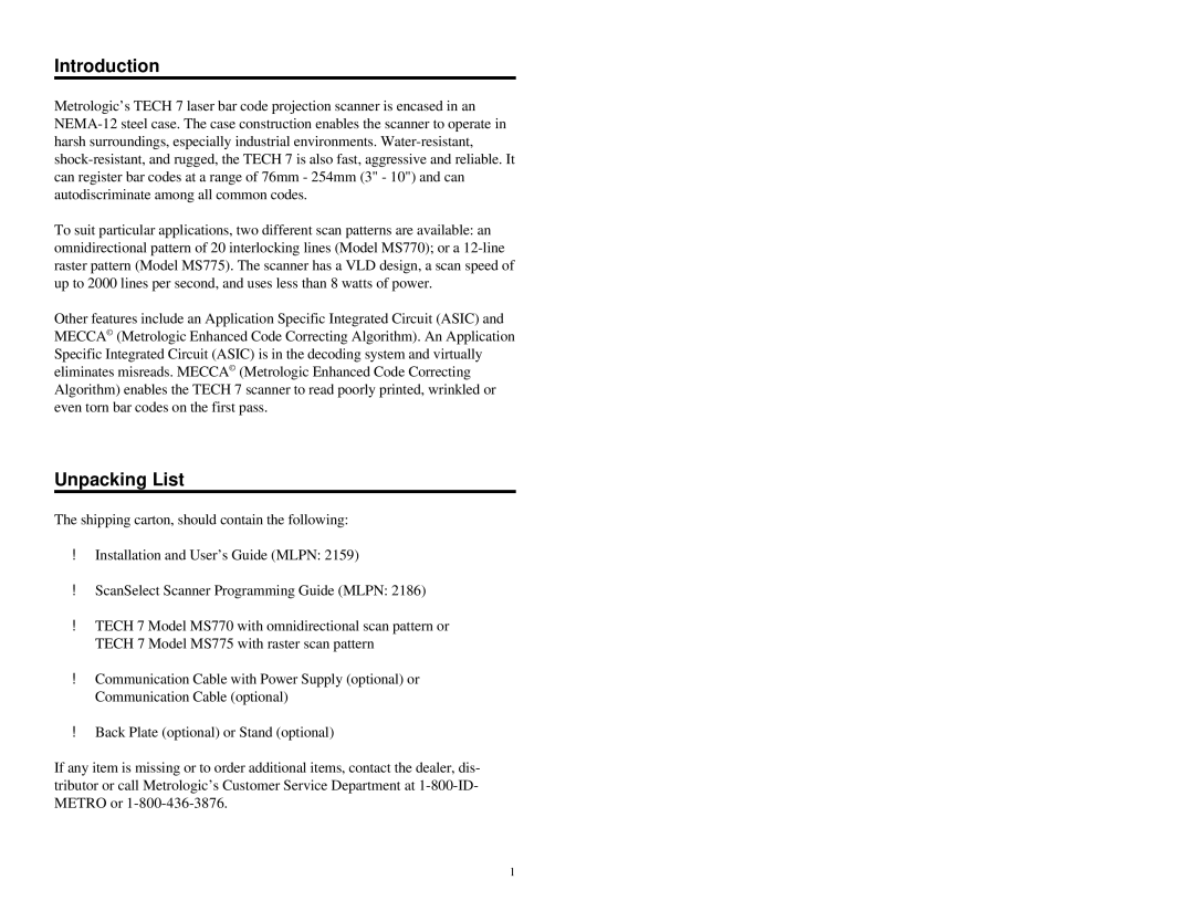 Metrologic Instruments MLPN 2159 manual Introduction, Unpacking List 