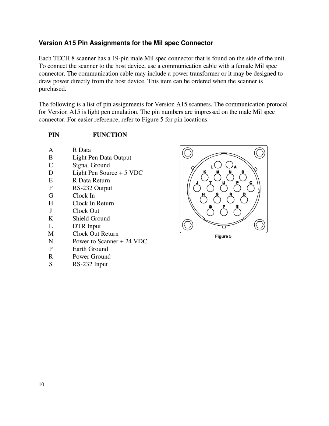 Metrologic Instruments MLPN 2168 manual Version A15 Pin Assignments for the Mil spec Connector, Pinfunction 