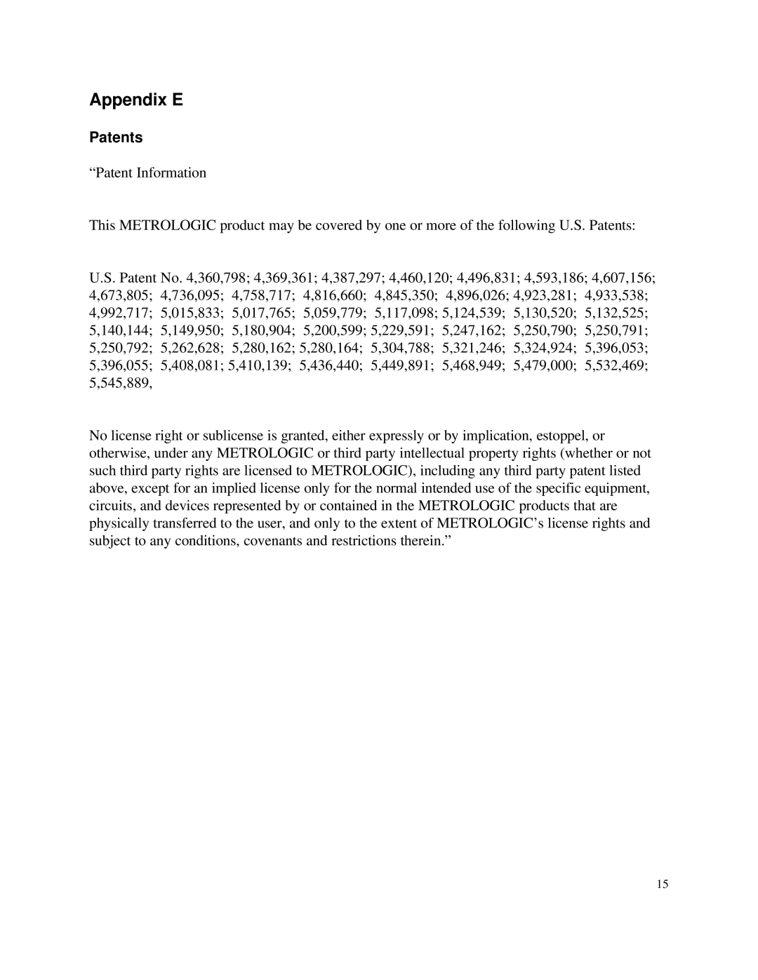 Metrologic Instruments MLPN 2168 manual Appendix E, Patents 