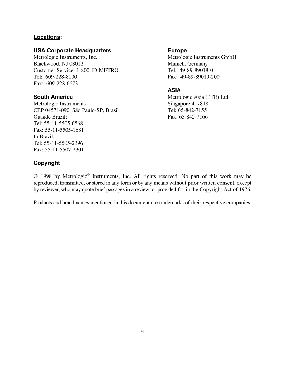 Metrologic Instruments MLPN 2168 manual Locations USA Corporate Headquarters Europe, South America, Copyright 