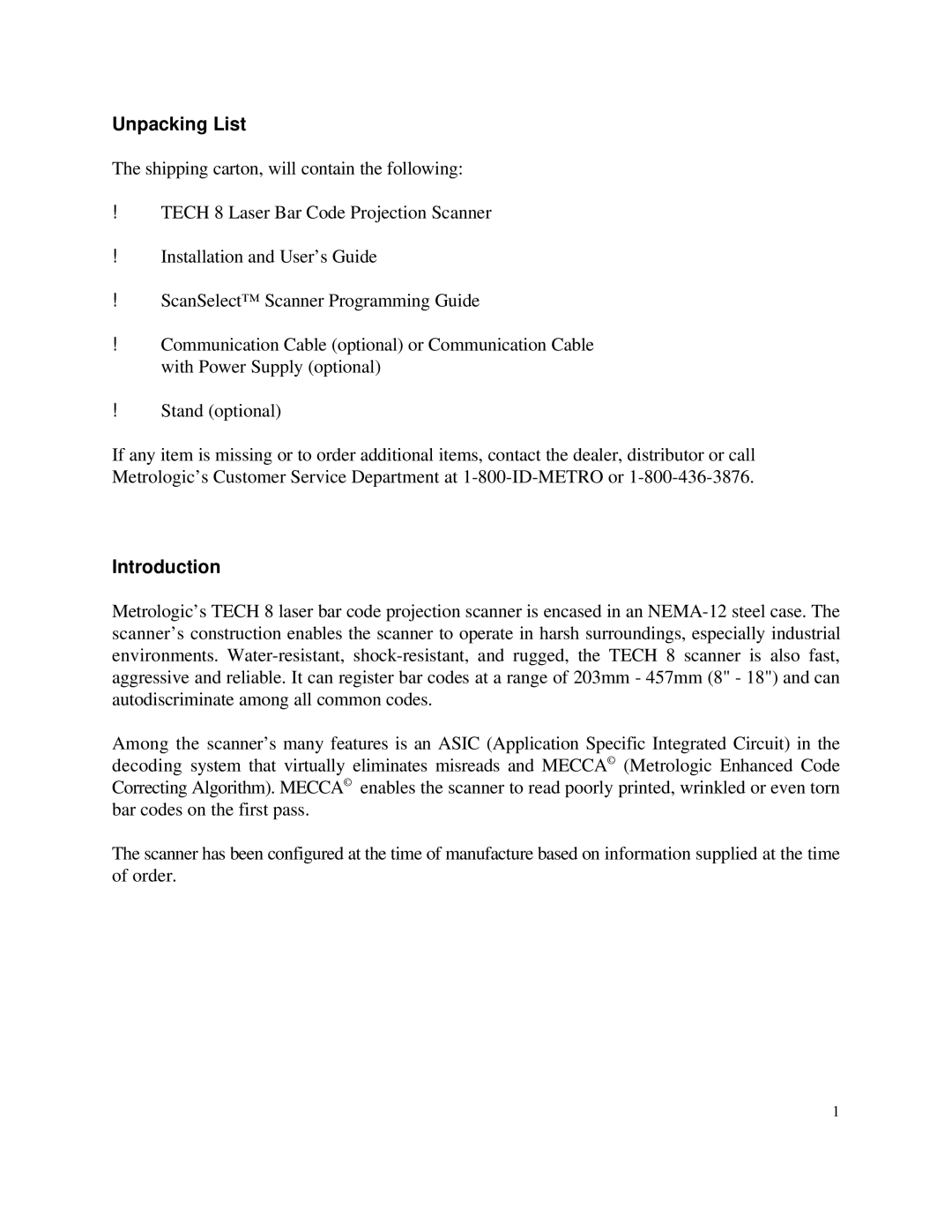 Metrologic Instruments MLPN 2168 manual Unpacking List, Introduction 