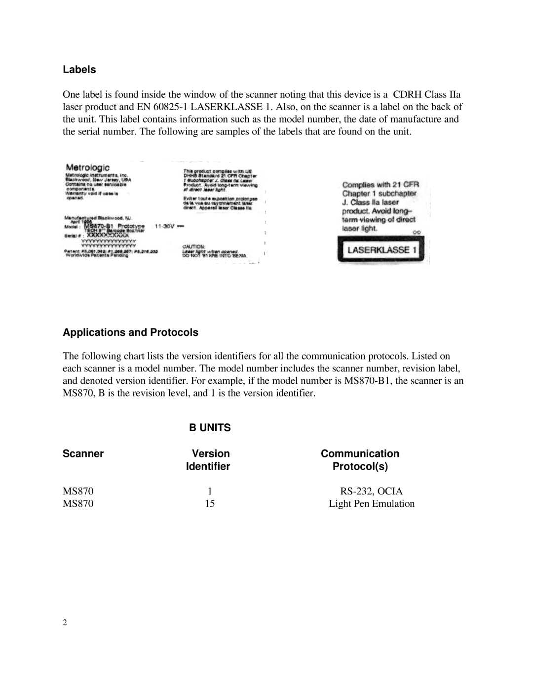 Metrologic Instruments MLPN 2168 Labels, Applications and Protocols, Scanner Version Communication Identifier Protocols 