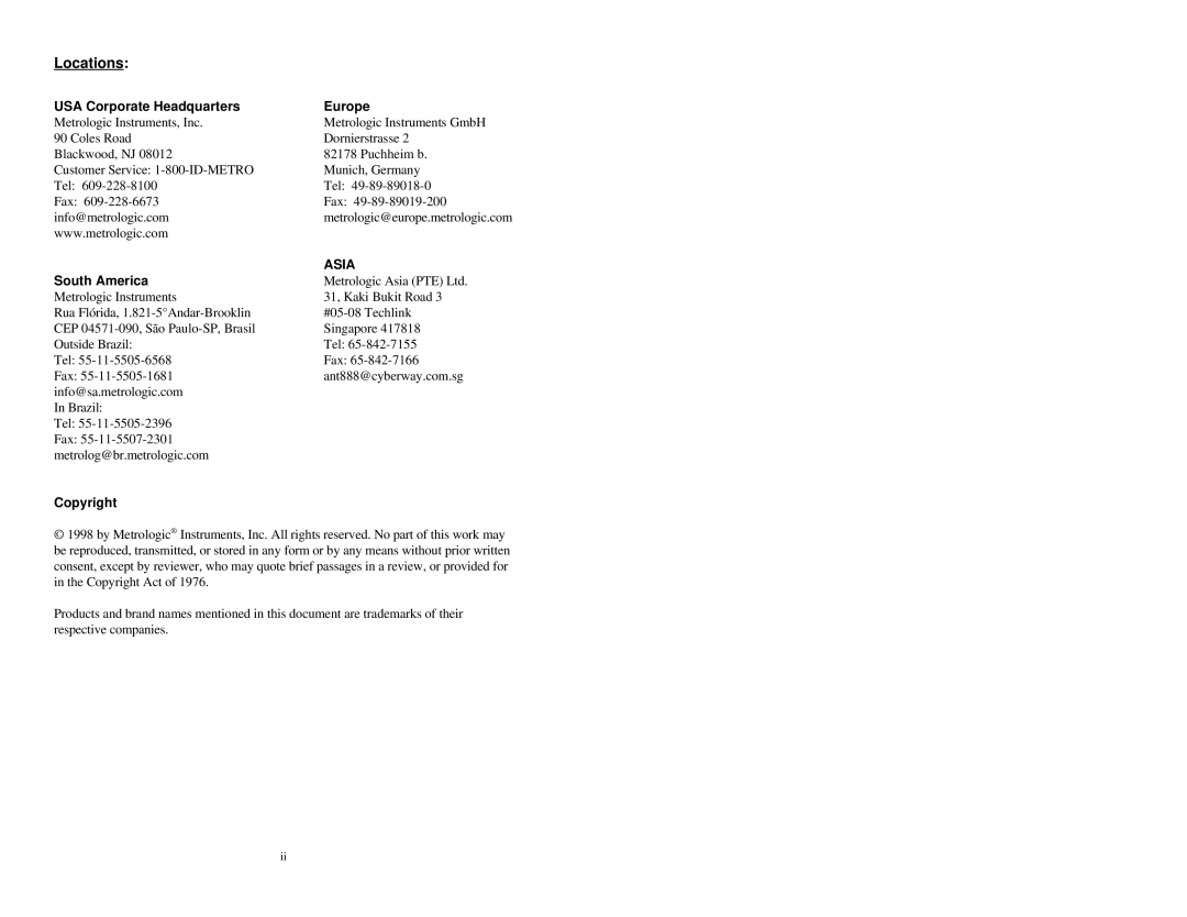 Metrologic Instruments MLPN 2178 manual Locations, USA Corporate Headquarters Europe 