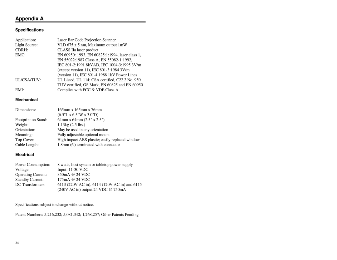 Metrologic Instruments MLPN 2178 manual Appendix a, Specifications, Mechanical, Electrical 