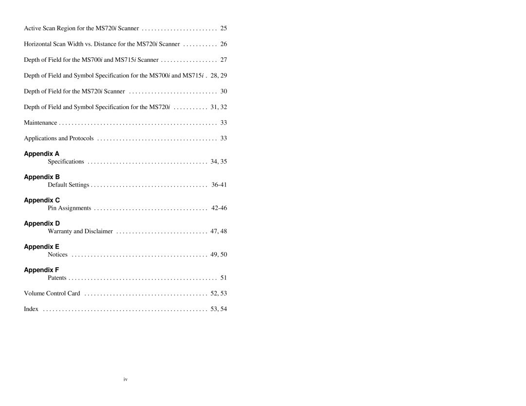 Metrologic Instruments MLPN 2178 manual Appendix a, Appendix B, Appendix C, Appendix D, Appendix E Appendix F 