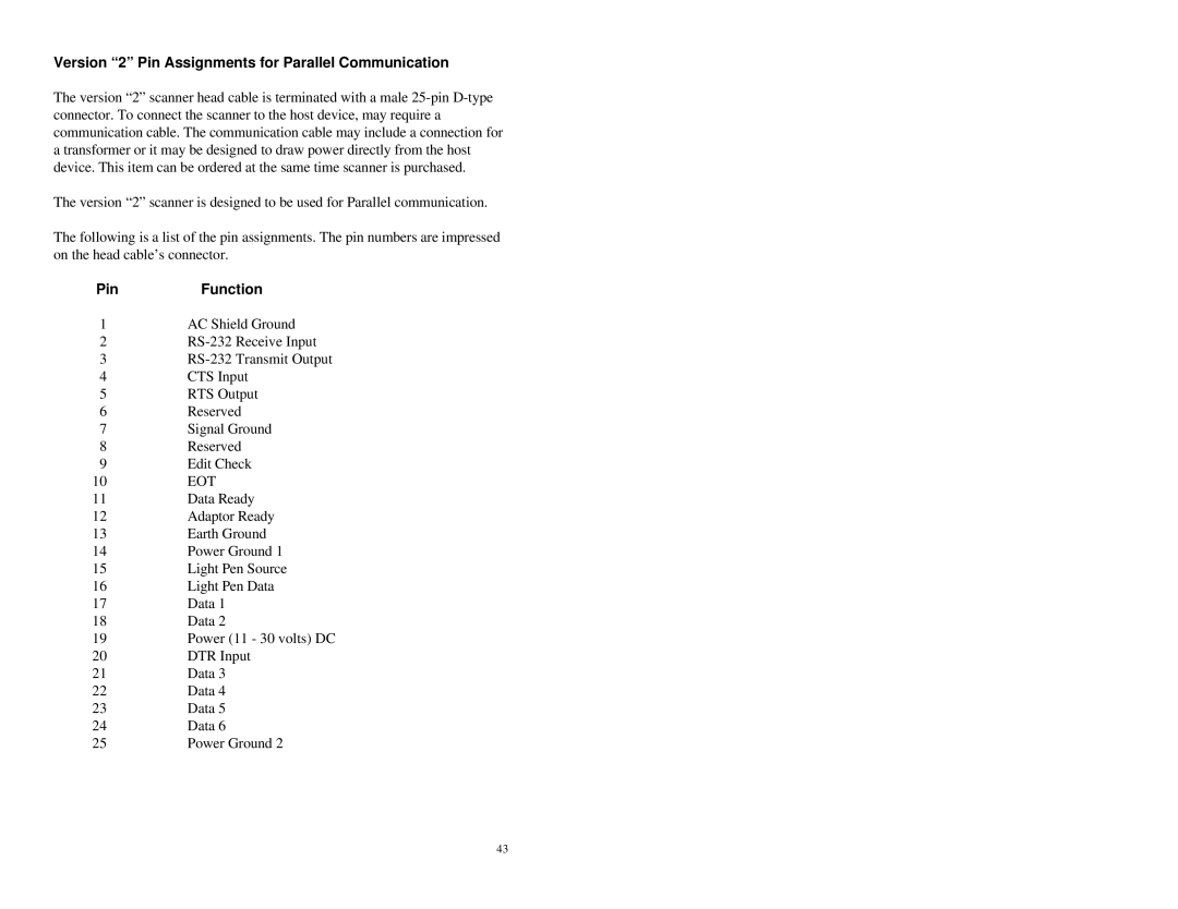 Metrologic Instruments MLPN 2178 manual Version 2 Pin Assignments for Parallel Communication, Eot 