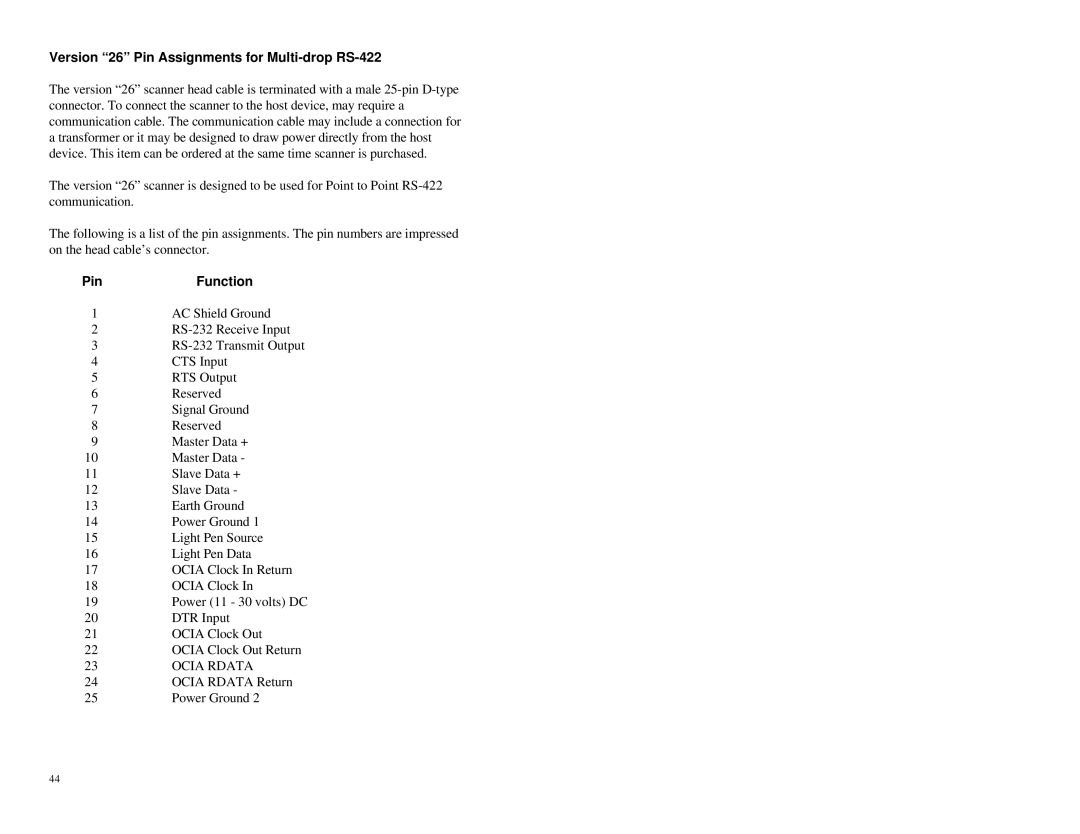 Metrologic Instruments MLPN 2178 manual Version 26 Pin Assignments for Multi-drop RS-422 