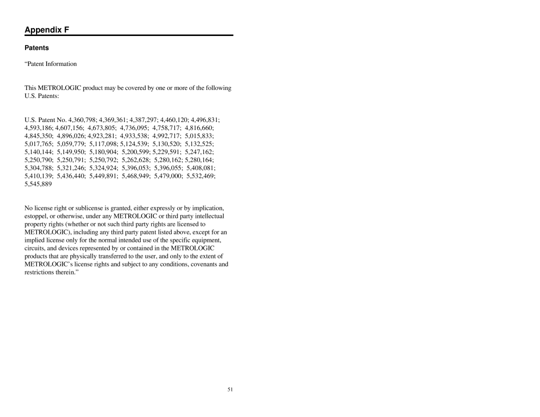 Metrologic Instruments MLPN 2178 manual Appendix F, Patents 