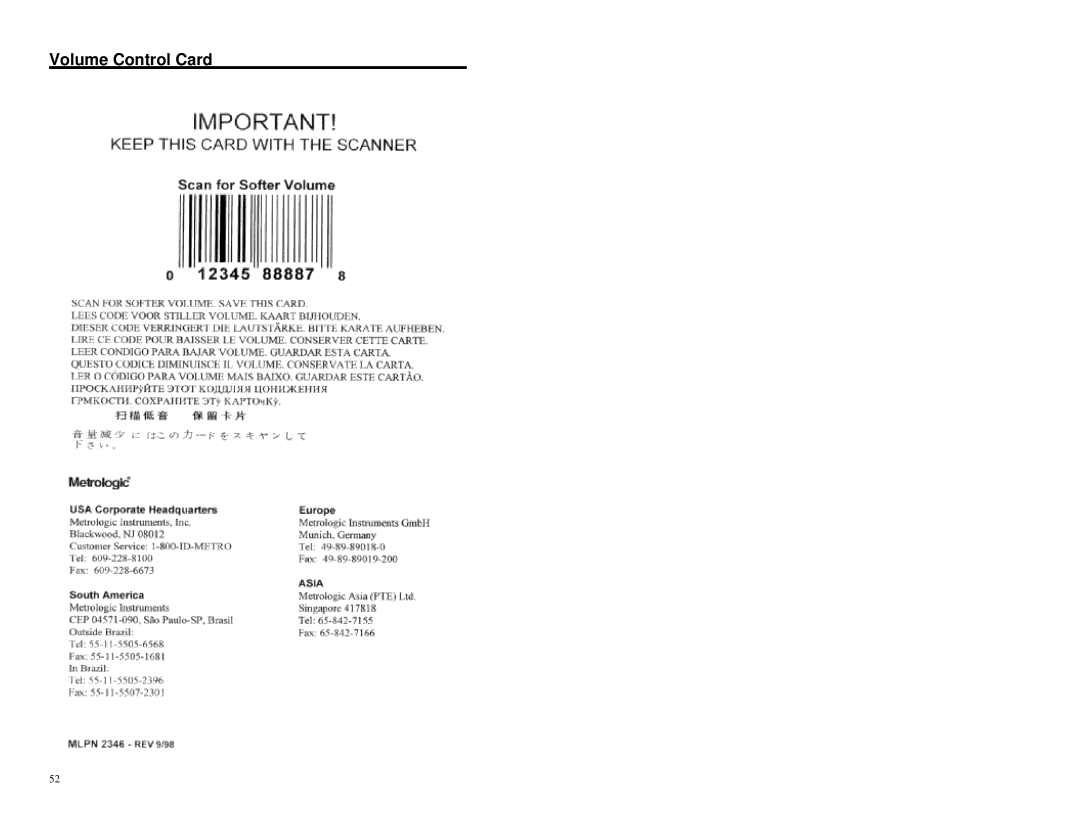 Metrologic Instruments MLPN 2178 manual Volume Control Card 