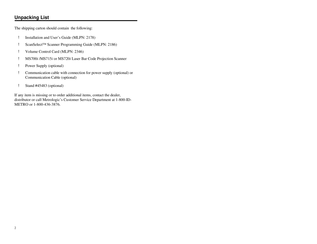 Metrologic Instruments MLPN 2178 manual Unpacking List 