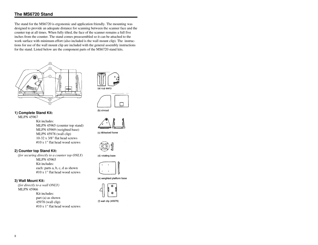 Metrologic Instruments MLPN 2358 manual MS6720 Stand, Complete Stand Kit Mlpn 