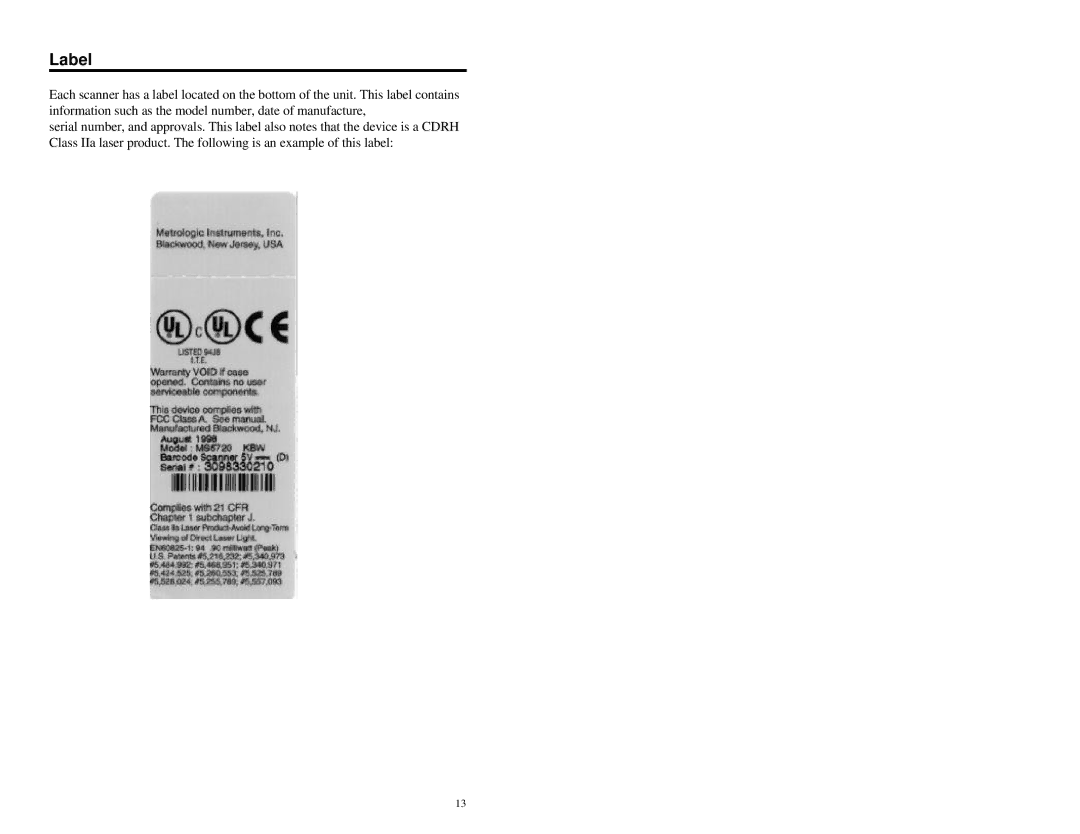 Metrologic Instruments MLPN 2358 manual Label 