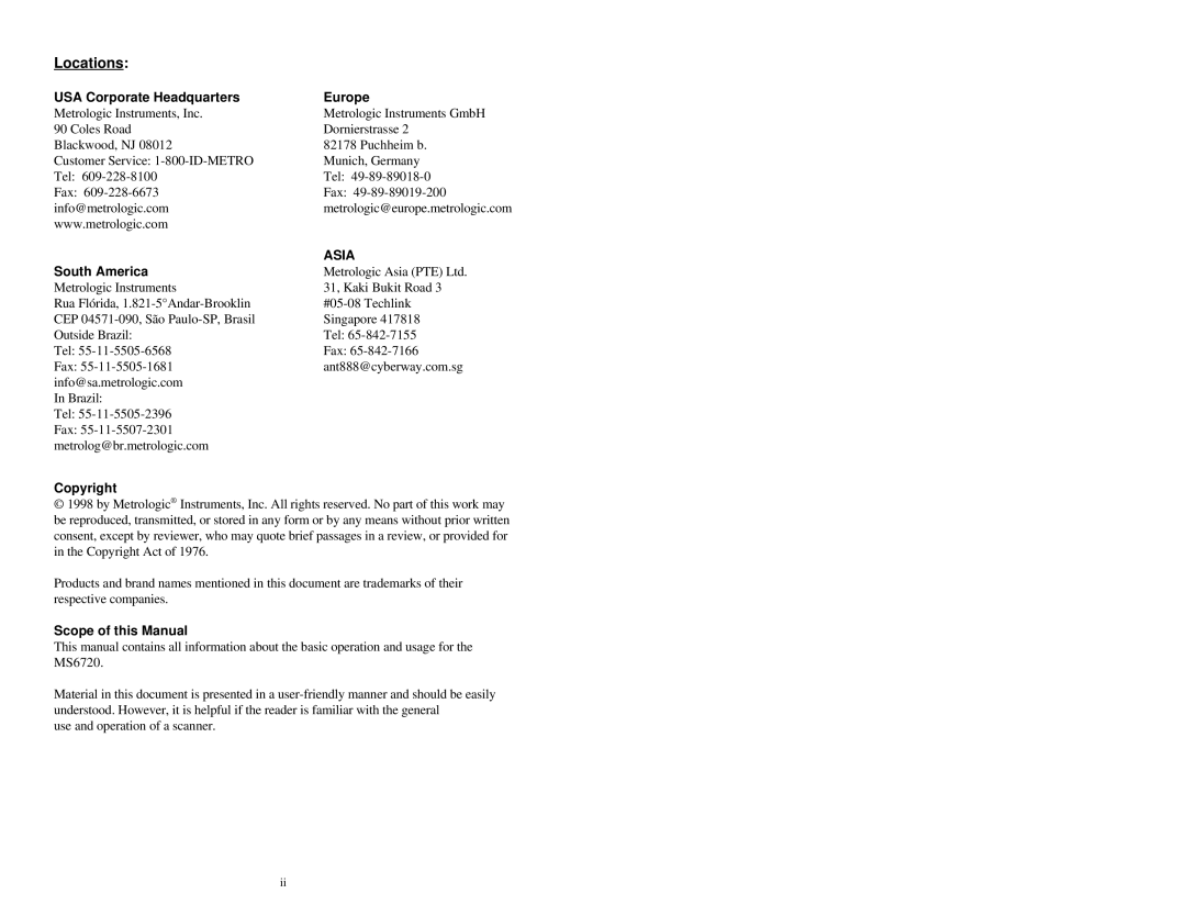 Metrologic Instruments MLPN 2358 manual Locations, USA Corporate Headquarters Europe 