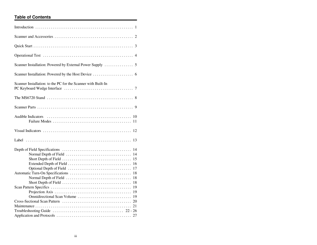 Metrologic Instruments MLPN 2358 manual Table of Contents 