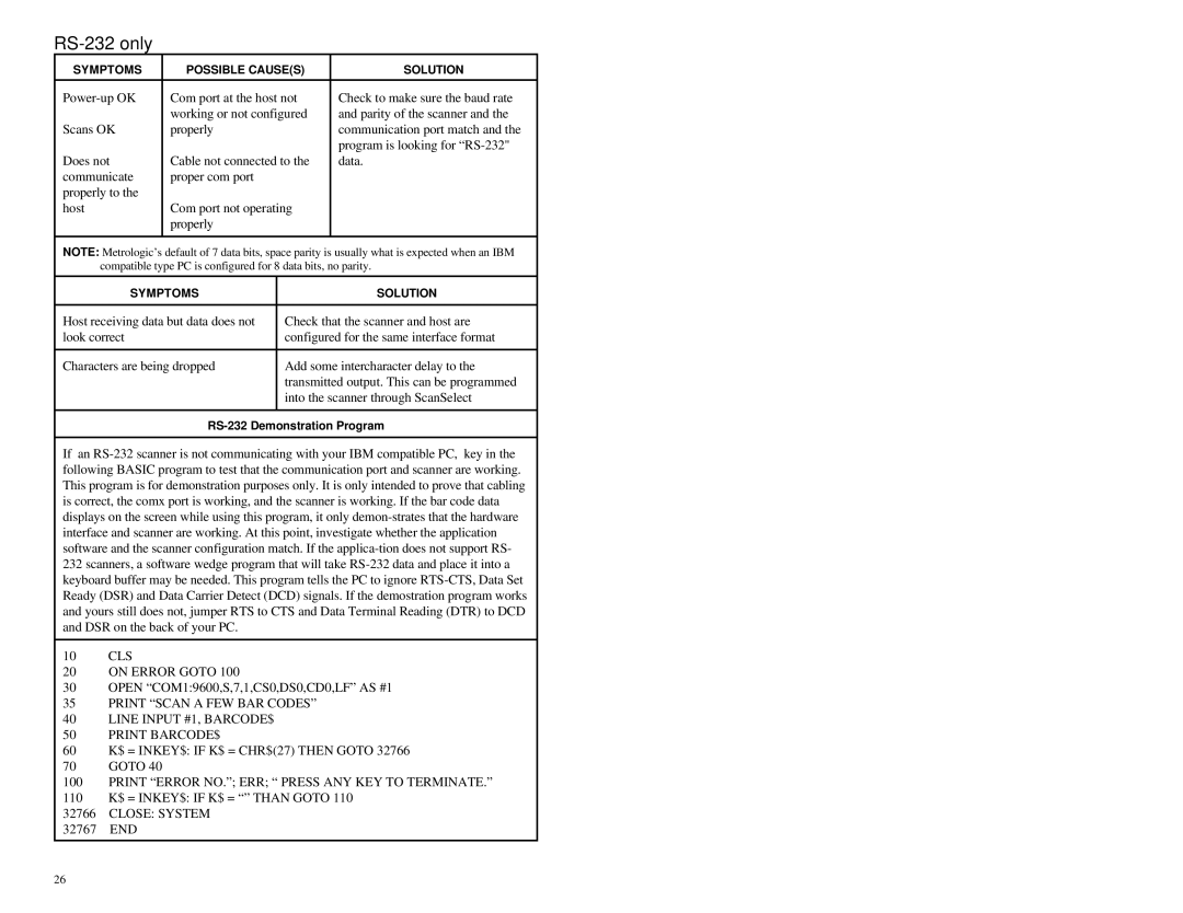 Metrologic Instruments MLPN 2358 manual RS-232 only 