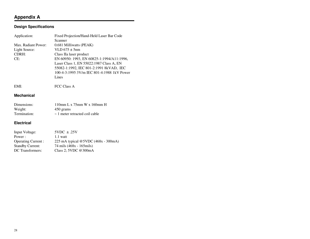 Metrologic Instruments MLPN 2358 manual Appendix a, Design Specifications, Mechanical, Electrical 