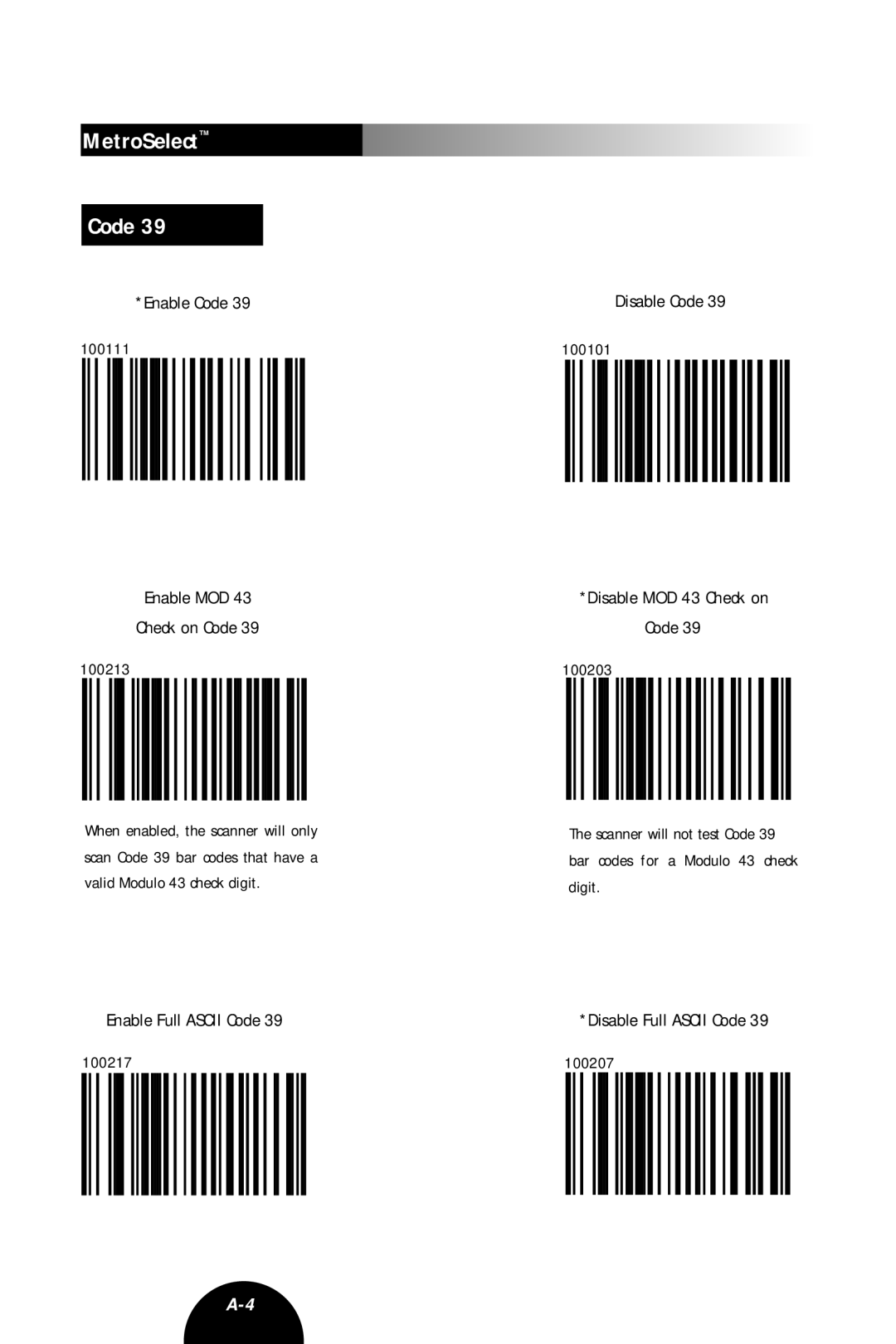 Metrologic Instruments MLPN 2407 manual Enable Code, Enable MOD Check on Code, Enable Full Ascii Code, Disable Code 