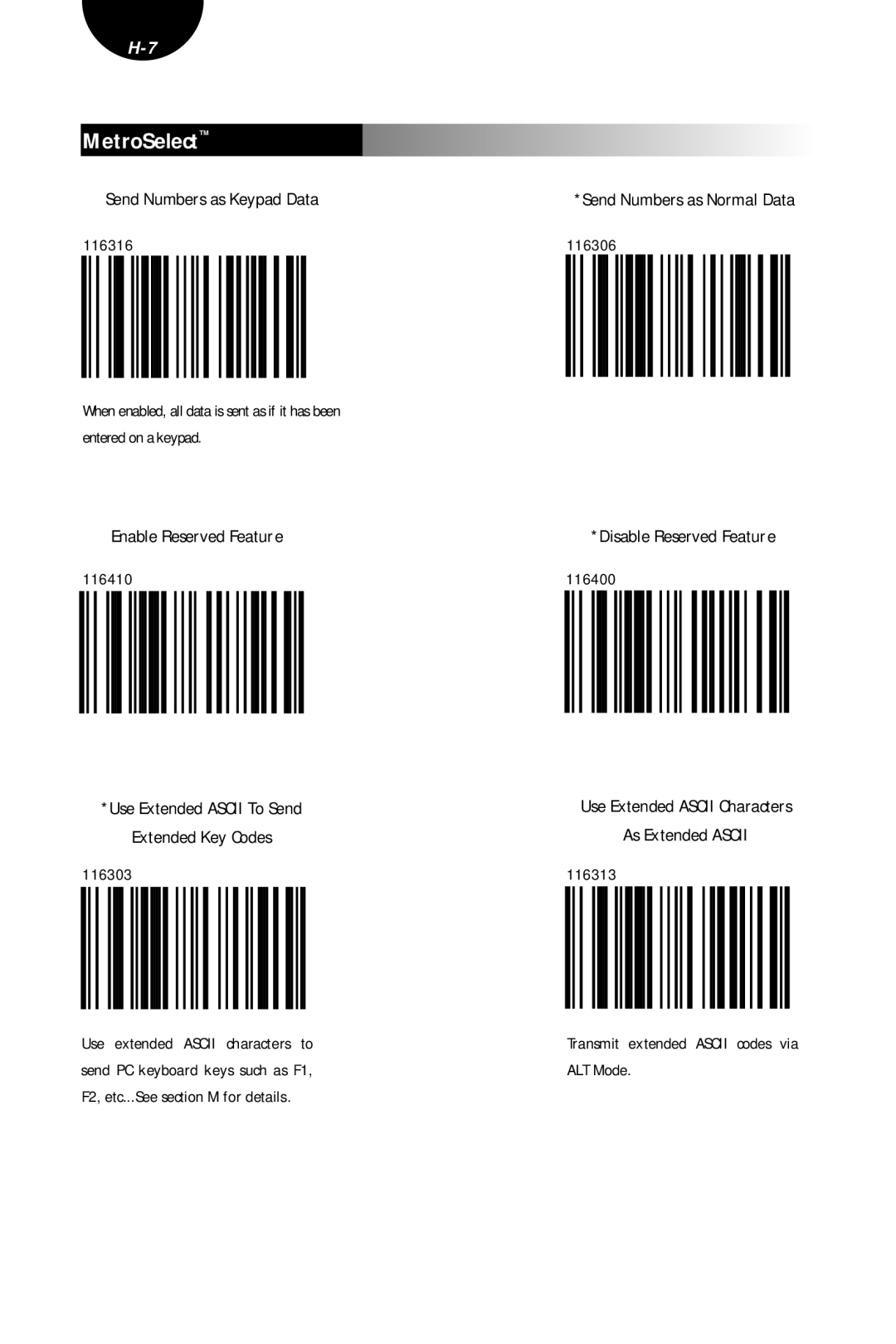 Metrologic Instruments MLPN 2407 Send Numbers as Keypad Data, 116400, 116313, Transmit extended Ascii codes via ALT Mode 