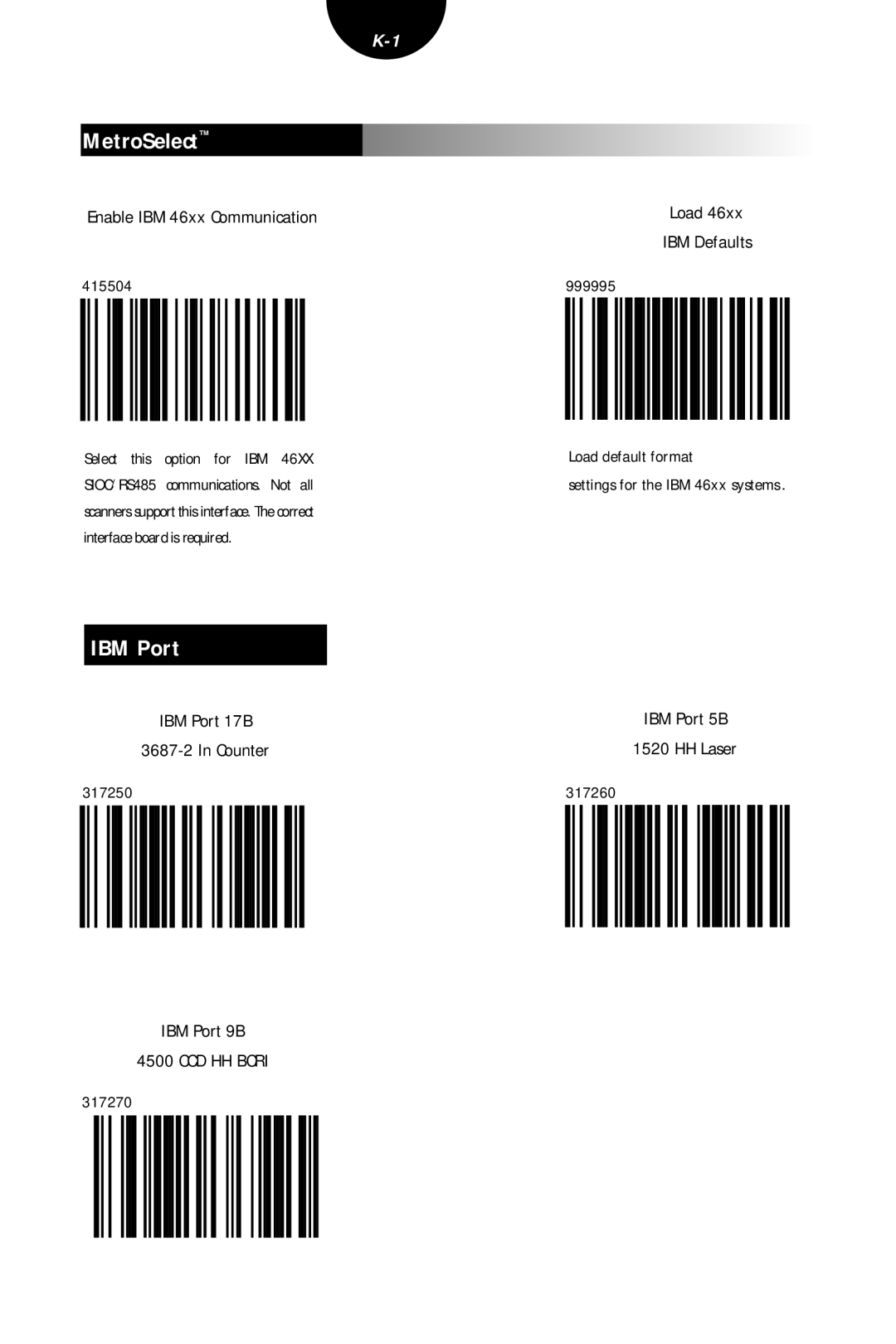 Metrologic Instruments MLPN 2407 manual IBM Port 17B Counter, IBM Port 9B, Load IBM Defaults, IBM Port 5B HH Laser 