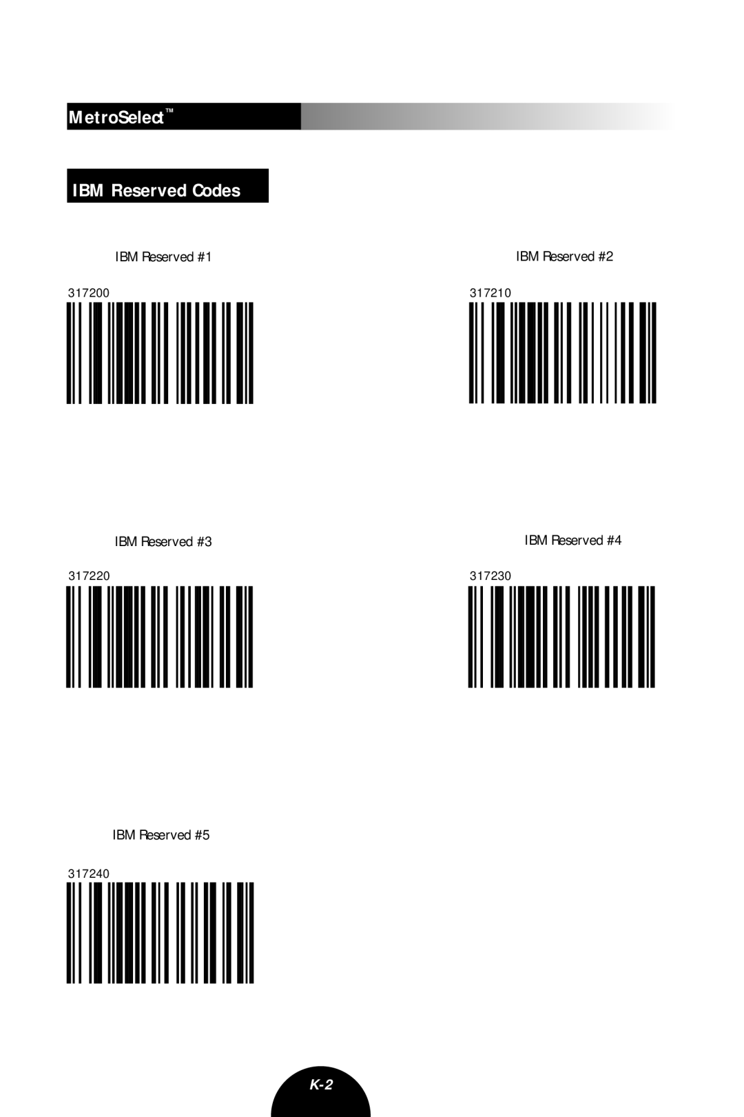 Metrologic Instruments MLPN 2407 manual MetroSelect IBM Reserved Codes, IBM Reserved #5, 317210, 317230, 317240 