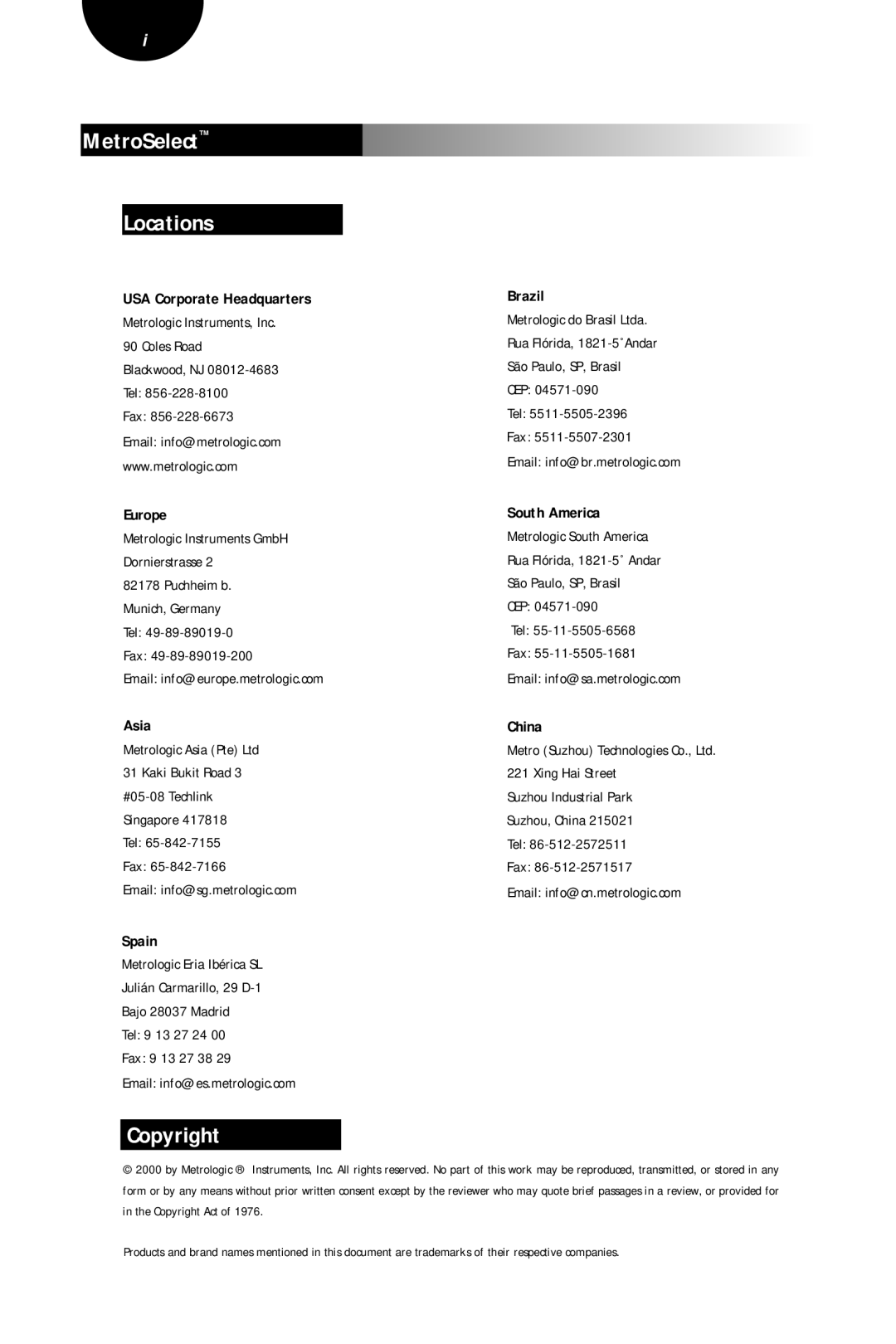 Metrologic Instruments MLPN 2407 manual MetroSelect Locations, Copyright 